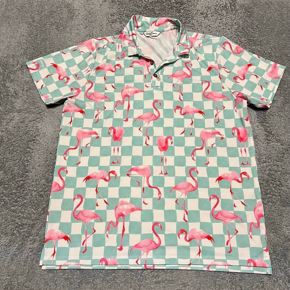 Kenny Flowers Polo Shirt Mens Large Flamingo Checkered White Green Everyday